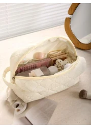 1Pc Set Beige Quilting Makeup Bag With Soft Texture Vintage Large Capacity Cosmetic Bag Travel Organizer Handheld Minimalism Cozy Foam Toiletry Big Set Lightweight Fluffy Makeup Pouch Home Decor Delic