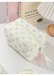1Piece Quilted Handle Makeup Bag Small Quilted Cosmetic Bag Cute Bow Design Makeup Pouch Makeup Bag Aesthetic Travel Toiletry Bag Organizer Makeup Brushes Storage Bag For Women Bow Pencil Case For Mak