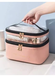 PU 2 Layers Cosmetic Bag Solid Color Travel Transparent Multifunctional Toiletry Handheld Fashionable Waterproof Large Capacity Storage Pouch Summer Travel Vacation Home Bathroom Decor Holiday Makeup