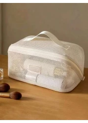 1pc Large Capacity Ivory Mesh Makeup Bag Portable Travel Toiletry Bag Multi Functional Storage Pouch Zipper Bag Travel Bag For Cosmetics Skincare Phones Jewelry And Small Items Gift Vacation Multiple