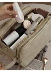 1pc Portable Stylish Three Layer PU Leather Makeup Bag Multifunctional Cosmetic Bag Double Zipper Travel Makeup Brush Toiletries Storage Bag Coin Purses Pouches Large Capacity Wash Bag With Zipper Fas