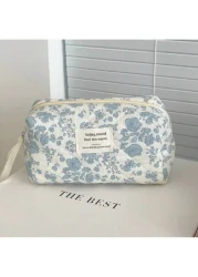 1 3pcs Blue Begonia Flower Makeup Bag Large Capacity Portable Organizer Pouch Multi Functional Handbag Cosmetic Storage Bag Toiletry Bag For Women Men With Handle Compartments For Home School Dorm Tra