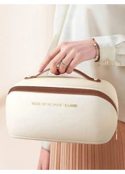 Large Capacity Spacious Double Layer Makeup Bag Cosmetic Organizer Bag PU Leather Waterproof Makeup Pouch Lightweight Toiletry Bag With Compartments Big Capacity Travel Makeup Storage Bag Multi Functi