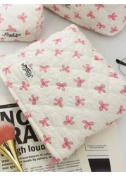 1 PC Rice Bottom Print Pink Bow Daily Soft Make Up Bag Fashionable And Casual Large Capacity Portable Zipper Makeup Bags Travel And Vacation Essentials Cosmetic Bags For Sanitary Napkins Pouch Pads Wi