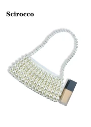 حقيبة يد كبيرة ذات مقبض من اللؤلؤ مزخرفة بالخرز، حقيبة كتف أو تحت الذراع