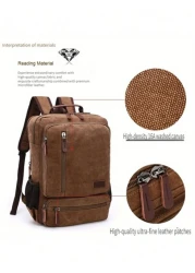 1pc Fashionable Canvas Backpack With Large Capacity And Multiple Pockets Wear Resistant Leather Handle Suitable Students Outdoor Travel Business Trip Laptop Backpack Commute Book Bag School Bag Portab