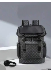 1pc Men Fashion Backpack Casual Daypack With Printing Large Capacity Travel Laptop Rucksack Hiking Backpack With Zipper PVC Black Bag Gift For Men Men s Accessories