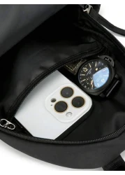 حقيبة ظهر وظيفية للرجال ذات حمالتين، باللون الأسود الموحد مصنوعة من ألياف البوليستر. بسيطة، عصرية، خلاقة مع س