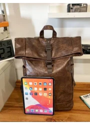 Backpack Flap Backpack Leather Backpack Large Capacity Oversized For Business Office Supplies Outdoor PU Leather Business Vintage Solid Color Men Gifts