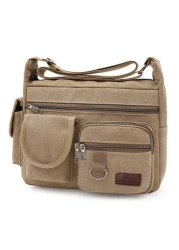 1Pc Khaki Canvas Shoulder Bag Large Capacity Multilayer Messenger Bag Student Travel Shoulder Bag Crossbody Bag Sling Bag For College School Lightweight Multifunctional Dad College Bag Freshman Multi