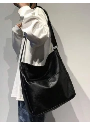 1pc PU Dual Pocket Solid Color Minimalist Sling Bag Large Capacity Crossbody Bag Casual Versatile Tote For Men Korean Style Students Shoulder Bag Gift Sling Bag For Men Graduation School Supplies