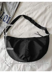 1 حقيبة كتف نيلون أسود أحادي اللون مقاومة للماء بشكل هلالي، سعة كبيرة وسوستة، مناسبة للاستخدام اليومي للرجال،