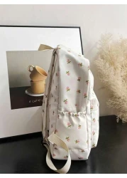 1pc White Nylon Floral Print Dual Zipper Large Capacity Fashionable Versatile Backpack Student Bag