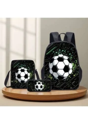 3 قطع / مجموعة حقيبة ظهر مطبوعة بنمط كرة القدم ثلاثي الأبعاد، حقيبة عبر الجسم، حافظة أقلام، حقيبة مدرسية 16 بوصة