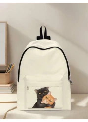 قطعة واحدة حقيبة ظهر صغيرة مطبوع عليها قطة كيوت، مزودة بسحاب إغلاق، جيوب، حقيبة ظهر عصرية للأولاد والبنات، من