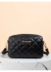 Quilted Zipper Square Bag Metal Letter Decor Shoulder Bag Adjustable Fashionable Girls Crossbody Bag Casual Phone Pouch