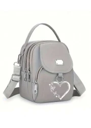 1pc Girl s Girl s Nylon Shoulder Bag With Heart And Butterfly Pattern Casual Mini Crossbody With Adjustable Strap Multi Layer External Headphone Hole Solid Color Secure Zip Closure Small Crossbody Bag