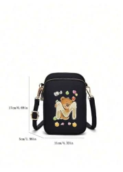 1pc Stylish And Simple Straddle Walk Mini Bag Bear Ko U Wood Printed Coin Wallet With Mobile Phone Pocket Casual Trip Back To School Gift