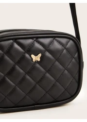 1pc Girls Black Pu Plaid Stitching Fashionable Square Shape Crossbody Bag For Everyday Use