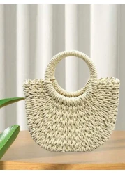 حقيبة قش مزينة بأزهار اصطناعية، حقيبة نسائية على شكل هلال، حقيبة يد قابلة للحمل عبر الجسم، حقيبة للشاطئ