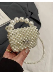 1pc Fashionable Solid Color Bow Pearl Mini Handbag Niche Design Shoulder Messenger Bag Casual Sweet Hollow Mini Change Lipstick Bag Suitable For Teenagers To Travel Shopping Party Date And Daily Use I