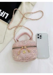 1pc Bucket Bag Diamond Bag High End Parent Child Handbag Fashionable Personalized Multifunctional Bag Cartoon Cute Flower Sequin Chain Handbag Niche Design Shoulder Crossbody Suitable For Shopping Tra