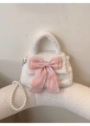 1 Pc Cute Mini Kids Pink Big Bow Soft Plush Handbag Fall Winter Pearl Shoulder Strap Crossbody Bag Lightweight Square Bags For Girls Students For Festivals Vacation Holiday Fashion Accessory