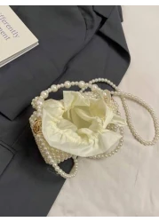 1قطعة حقيبة يد بخيط خرزي لطيفة للبنات بغلق سحاب، حقيبة كروس بخرز أبيض، مناسبة للربيع/الصيف