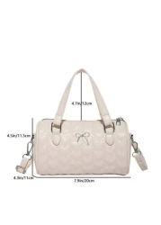 1 Pc New Design Girls Solid Color Heart Quilted Pattern Pu Material Barrel Shaped Handbag Adjustable Detachable Shoulder Strap For Crossbody Or Hand Carry Zipper Closure Stylish And Versatile For Outi