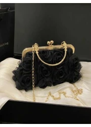 1pc Sweet Handbag Clip Opening And Closing Chiffon Three Dimensional Flower Evening Bag Champagne Color Ladies Cheongsam Bag Handmade Dress Bag Chain Decoration Bag Handbag Exquisite And Versatile Sui
