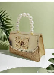 حقيبة يد جديدة على شكل فراشة مرصعة باللؤلؤ للأطفال، هدية عطلة نهاية الأسبوع، محفظة أنيقة على شكل قفل فراشة من