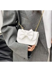 1pc Flap Closure Pu Korean Version Ins Little Girl Bag Fashion Solid Color Cute Bow Sweet Flap Princess Mini Bag Accessories Small Bag Coin Purse Suitable For All Occasions Faux Pearl Handbag Small Sq