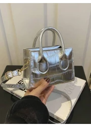 حقيبة كتف/حقيبة عبر الجسم أنيقة وعصرية بتصميم أنيق، ذات موحد اللون، لامع، قوام قماش الإبط مع سلسلة ، بطبعة تمس