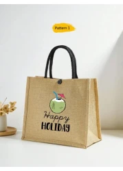 1 Pc Simple Linen Summer Element Print Tote Bag For Big Children Large Capacity Travel Bag Square Bag Gift Bag Shopping Bag Portable Button Closure Handbag For Daily Class And Back To School Shopping