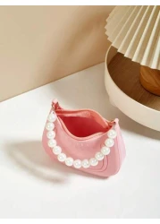 Mini Underarm Bag For Toddler Girls Pearl Decor Zipper Closure Handbag Lovely Gift Bag For Girls