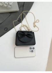 1 Piece Pu Magnet Closure Fashion Sweet Lychee Pattern Faux Pearl Bow Handbag Niche Design Highly Attractive Chain Mini Shoulder Crossbody Change Lipstick Bag Suitable For Teenagers Travel Shopping Pa