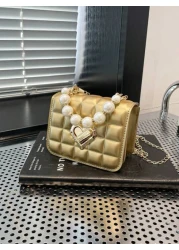 1pc Cute Sweet Messenger Bag Korean Style Fashion Coin Purse Solid Color Casual Pu Texture Small Square Bag Handbag Pearl Handle Chain Shoulder Strap Lock Buckle Fashion Chain Messenger Bag Fashion Pr