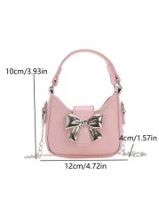 قطعة واحدة حقيبة يد صغيرة جديدة مزينة بفيونكة من مواد البولي يوريثان للبنات، مع حزام معدني قابل للتبديل للحمل