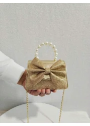 حقيبة يد لأطفال عصرية باللؤلؤ الجديدة، هدية للأطفال في المهرجان، جلد بو بشكل عقدة عقدة الفراشة فاشن ميني حقيب