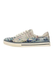 Dogo Women's Vegan Leather Beige Sneakers - Watercolor And Sailors Design