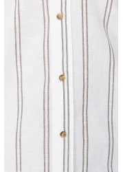  Collection Beige Slim Fit Buttoned Collar Thin Striped Shirt