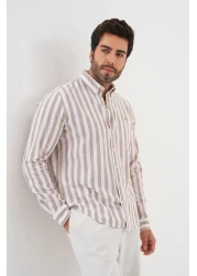 Catto Peak قميص قطني مخطط ومطرز بقصة عادية للرجال