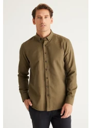 AC&Co / Altınyıldız Classics Men's Khaki Oxford Slim Fit Shirt - Easy Iron, Button Collar, Cotton