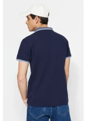  Collection Navy Blue Slim/Narrow Cut 100% Cotton Polo Neck T-Shirt Tmnss22Po00014