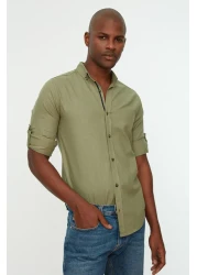  Collection قميص أخضر بقصة ضيقة مع كتاف - كم طويل، 100% قطن، TMNSS20GO0189