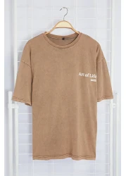  Collection تي شيرت بني كبير الحجم/واسع القطع بتأثير باهت مطبوع 100% قطن TMNSS23TS00166