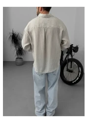 BYBASICMAN Beige Striped Pocket Embroidered Shirt G-5612/1