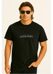 Jack & Jones تي شيرت رجالي مطبوع عليه شعار برقبة دائرية باللون الأسود