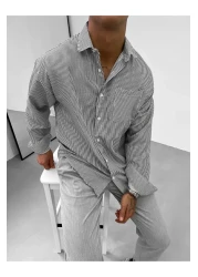 King Brothers قميص رجالي قطني مخطط باللون الأسود - جيب، كم طويل، مقاس فضفاض