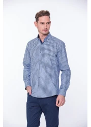 Fitmens قميص رجالي كلاسيكي بأكمام طويلة من King Check مع صندوق هدايا Fs- 001258 - ساكس بلو